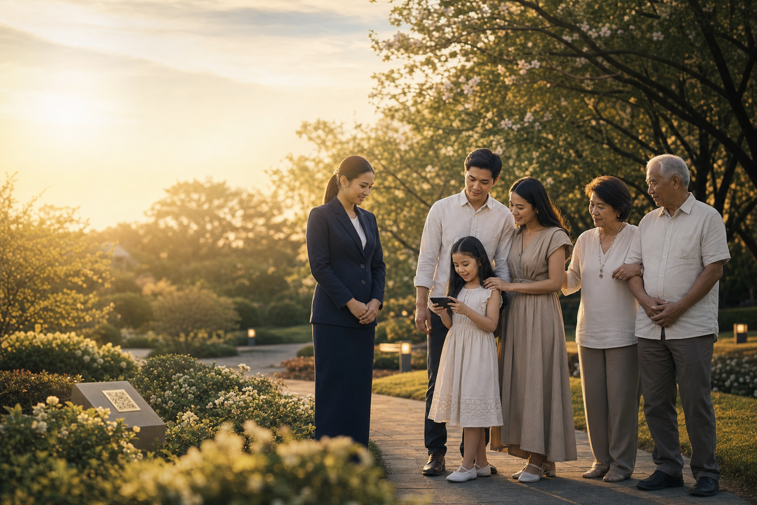 A memorial professional supporting a family in a remembrance garden